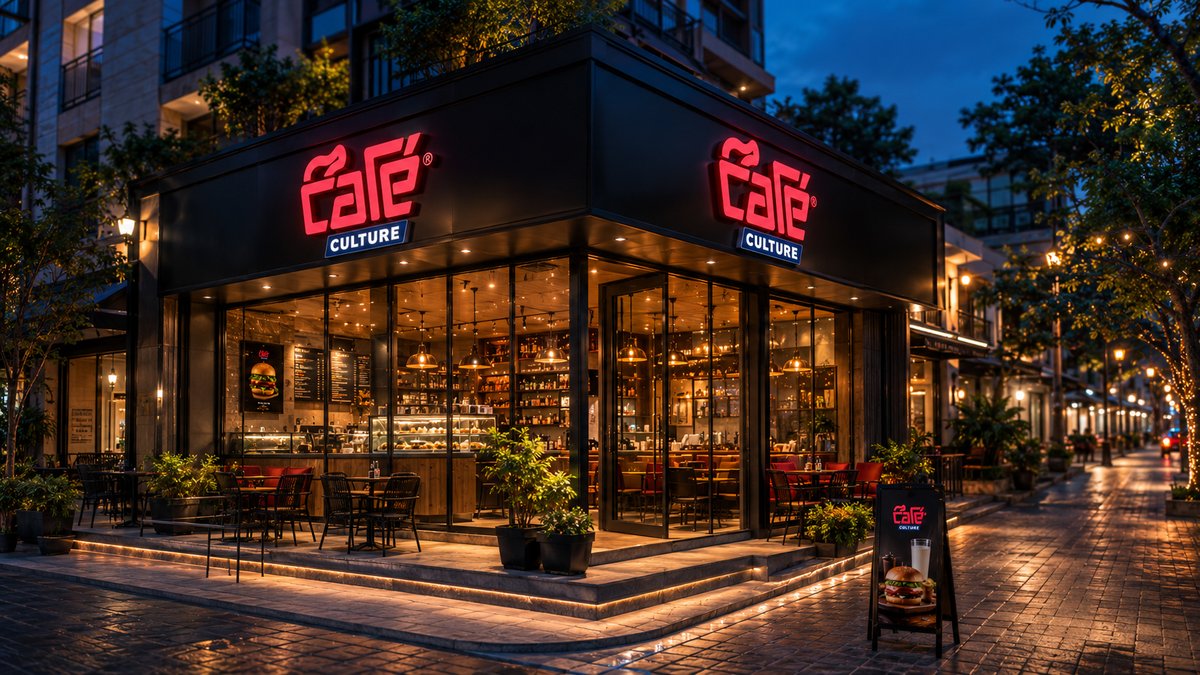 Café Culture storefront at night